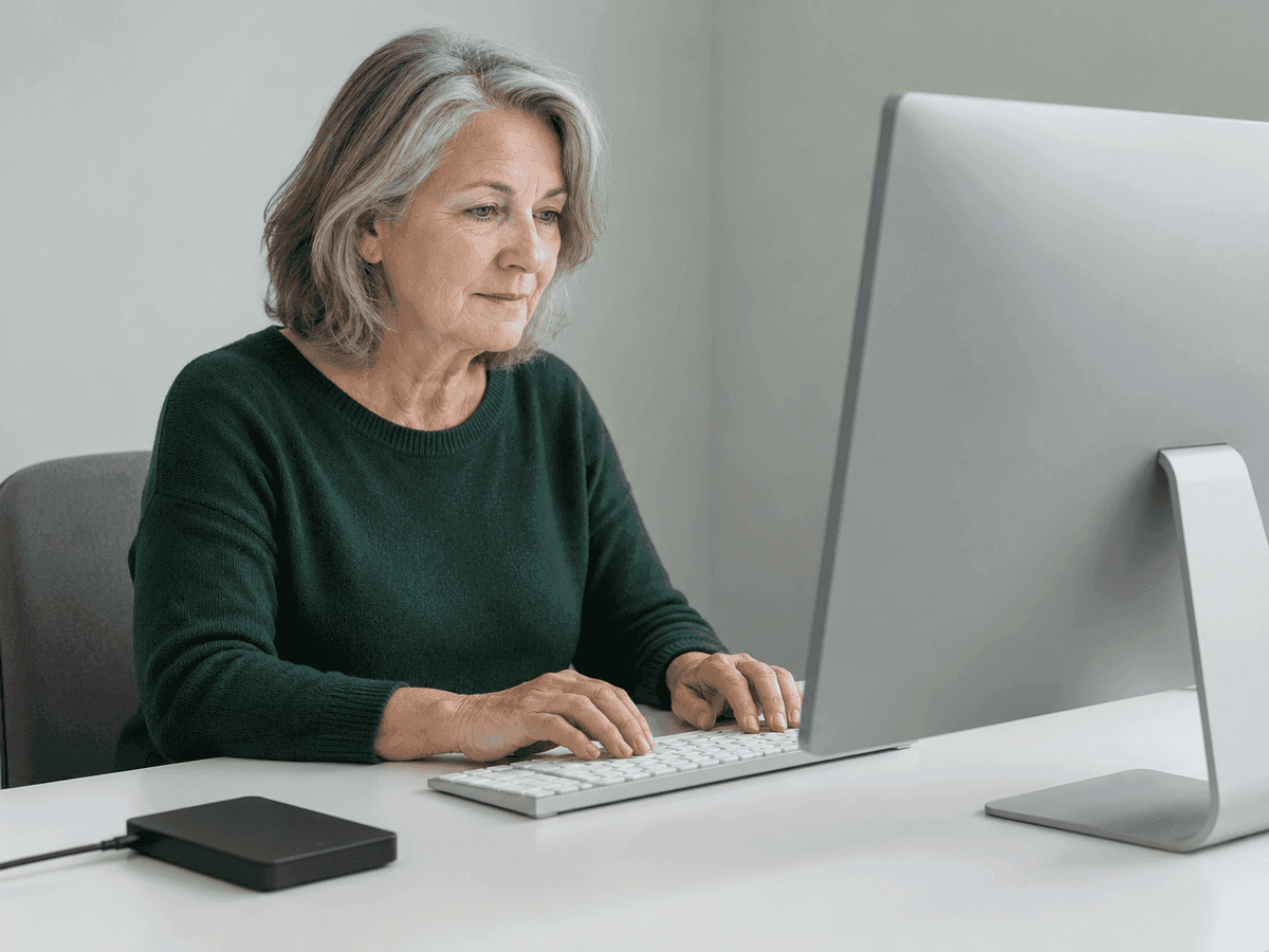 A bookkeeper in her sixties typing at a desktop computer, an external drive plugged in beside the keyboard