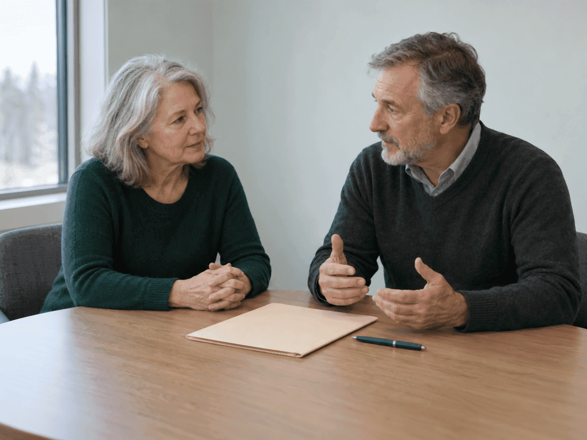 Two business partners in their sixties talking at a wooden office table, a closed folder and a pen between them, a window at her side