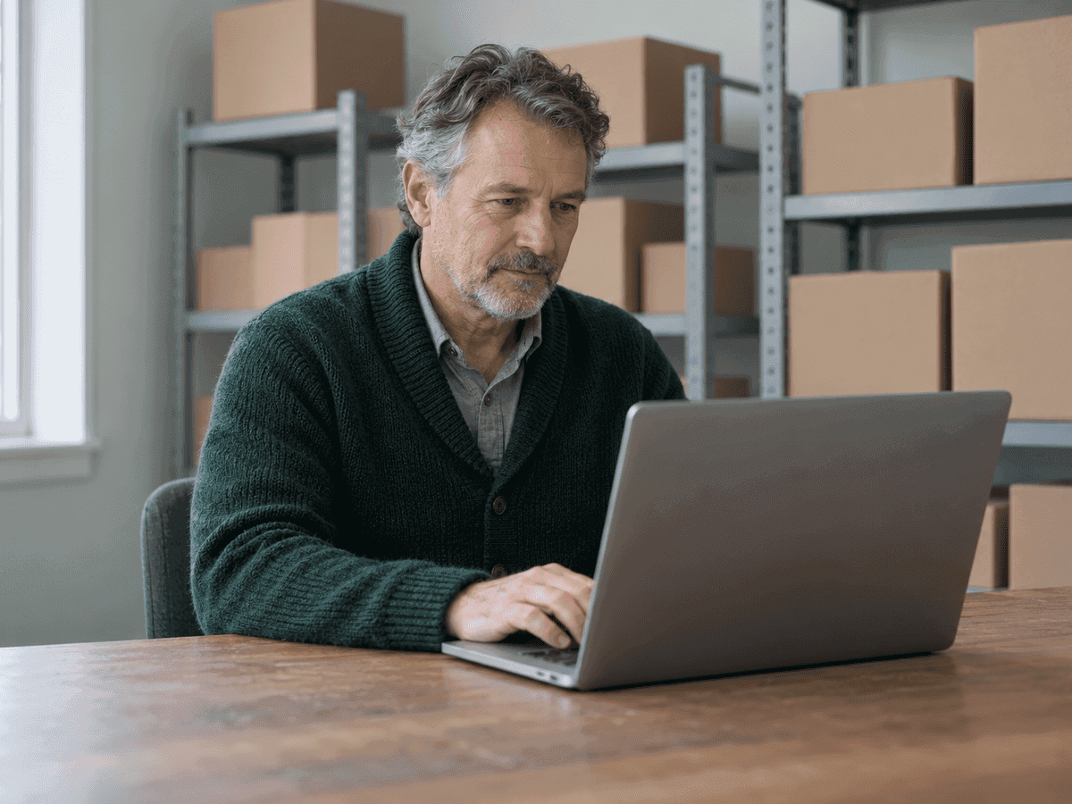 Un propriétaire de petite entreprise dans la fin cinquantaine travaille sur son portable à une table en bois, dans sa réserve, des boîtes de carton unies sur des étagères métalliques derrière lui