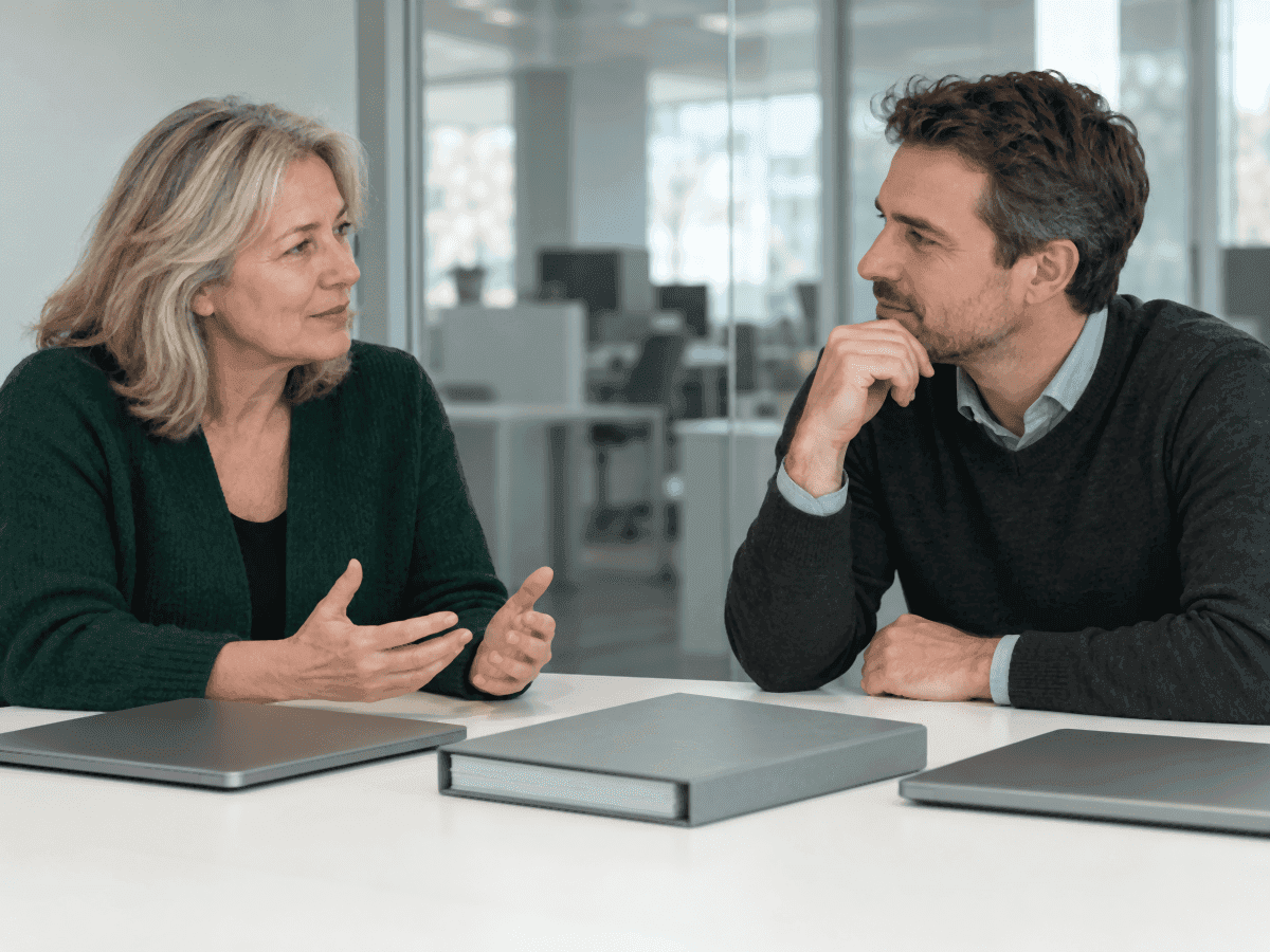 Two company directors talking across a white meeting table, a woman in her late fifties and a younger man, two closed laptops and a grey binder between them, glass-walled offices behind