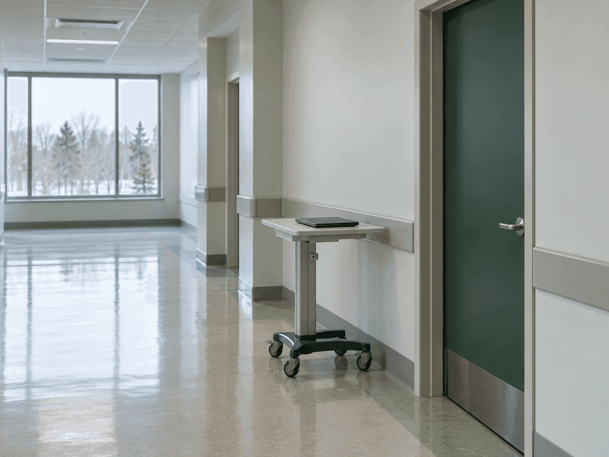 Un corridor d’hôpital vide au plancher luisant, un portable sur un chariot à roulettes près d’une porte de bureau verte fermée, des arbres enneigés par la fenêtre du fond