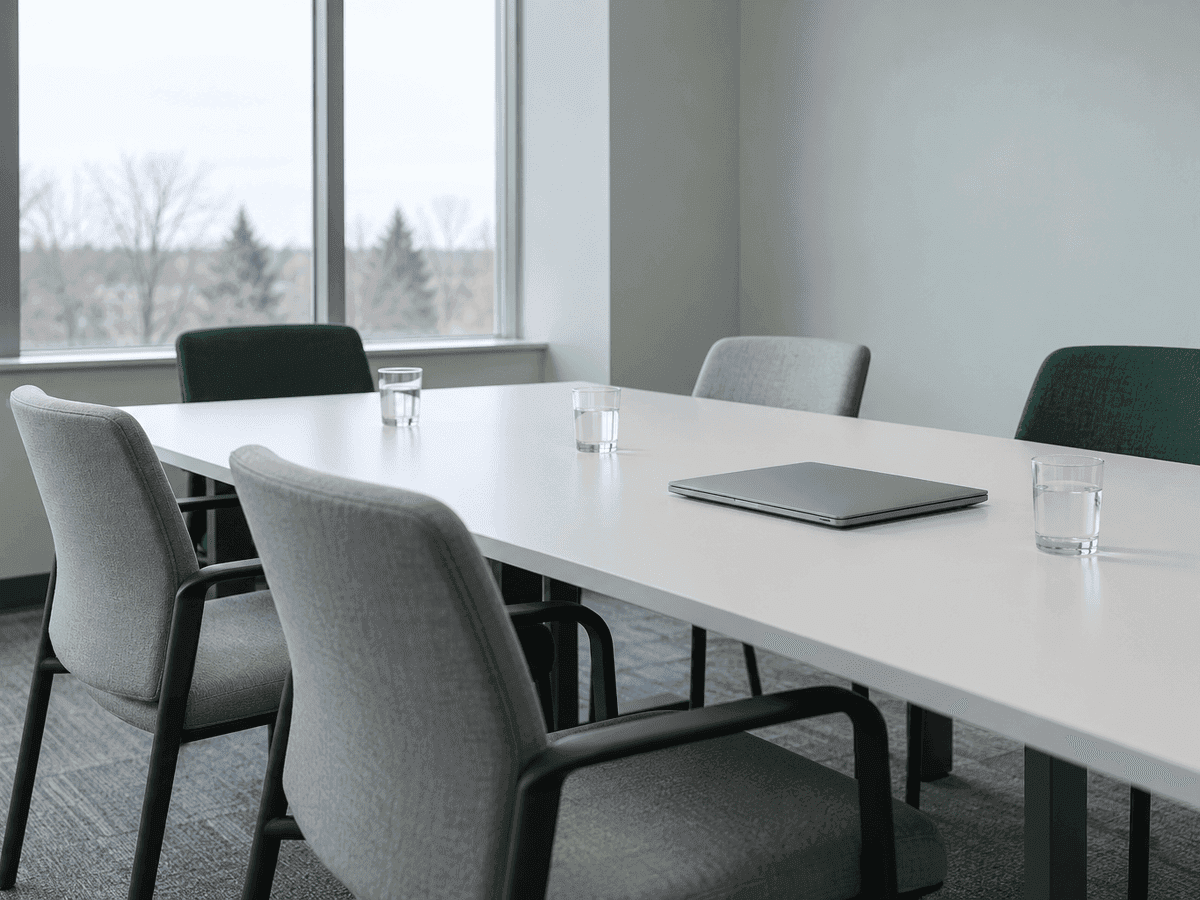 An empty meeting room with grey and green chairs around a white table, a closed laptop and glasses of water set out, bare trees outside the window