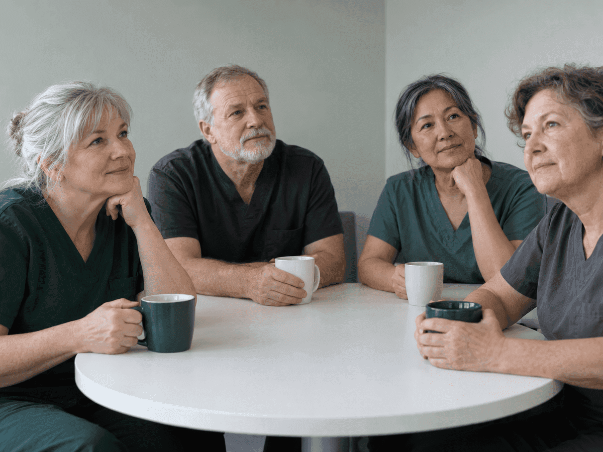 Four clinic staff in scrubs, in their fifties and sixties, around a round break-room table with coffee mugs, listening to someone out of frame