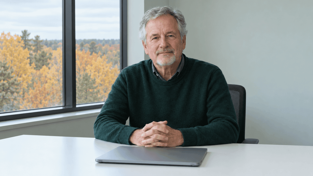 A small-business owner in his sixties at his desk with his hands folded, a closed laptop in front of him and autumn trees outside the window