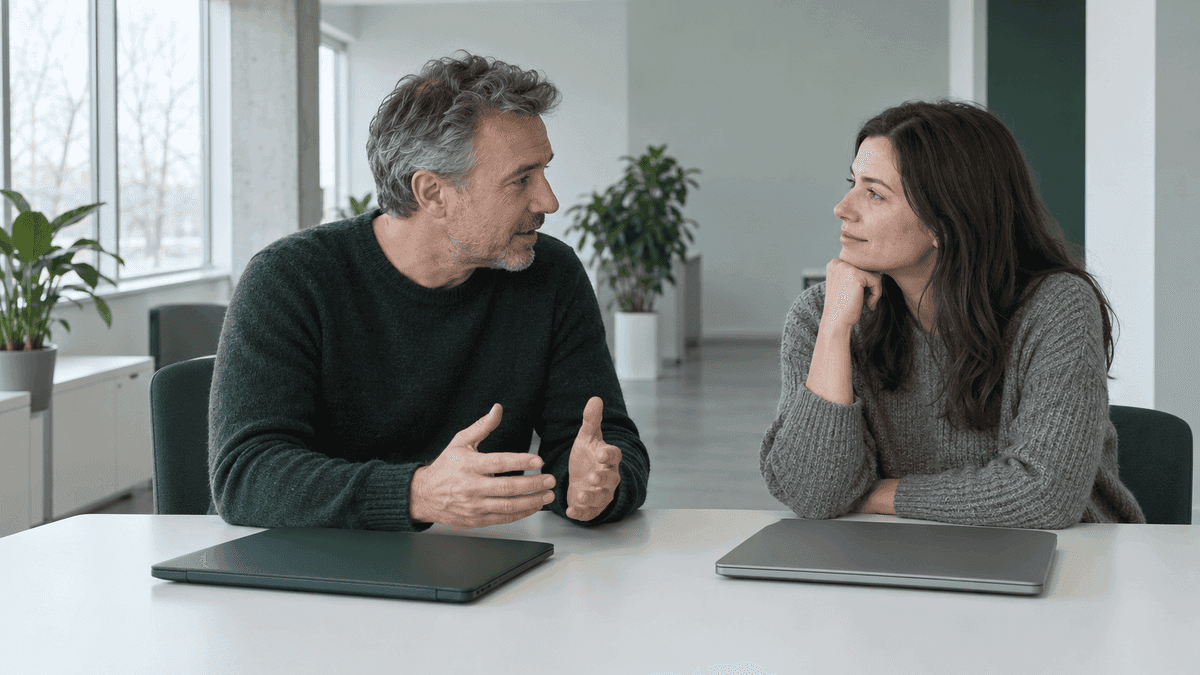 Two partners of a small software company talking across a white table, a man in his fifties and a younger woman, each with a closed laptop