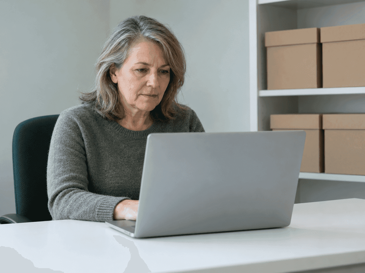 A manager in her late fifties working on a laptop in a small office, closed archive boxes on the white shelves beside her
