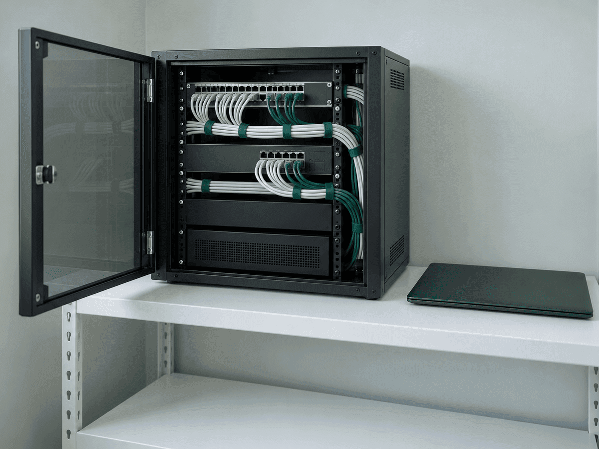 A small network cabinet on a white shelf, its glass door open, the cables tied in neat bundles with green straps, a closed green laptop beside it
